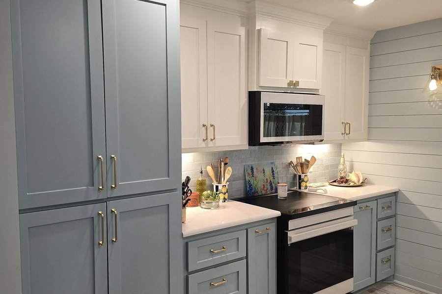 Light blue shiplap kitchen remodel Waco TX – custom cabinetry and range